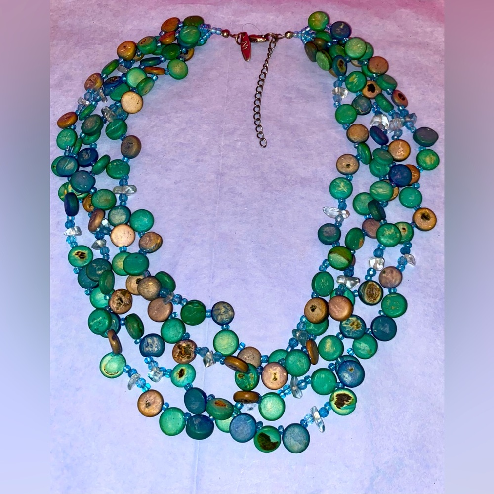 Vintage NY & Co Turquoise Abalone Shell Multi Stranded Necklace w/Clear Quartz - Picture 5 of 5
